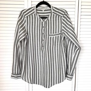 Lucky Brand EUC White Gray Vertical Stripes Blouse Long Sleeve Roll Tab Size M